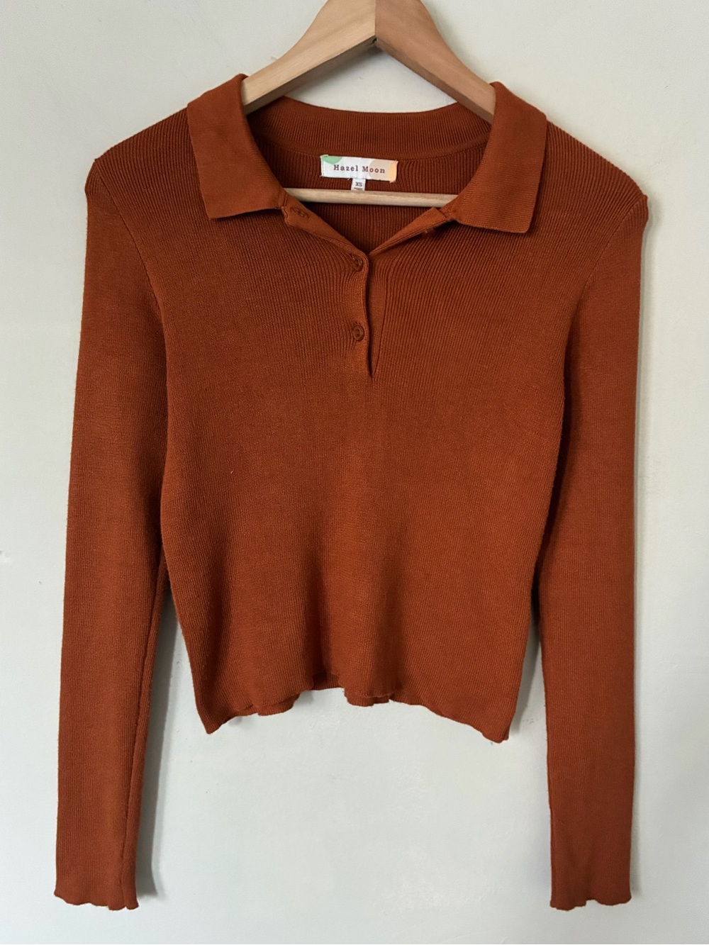 Hazel Moon Rust Orange Ribbed Knit Polo Long Sleeve Sweater Top Women XS Capsule
